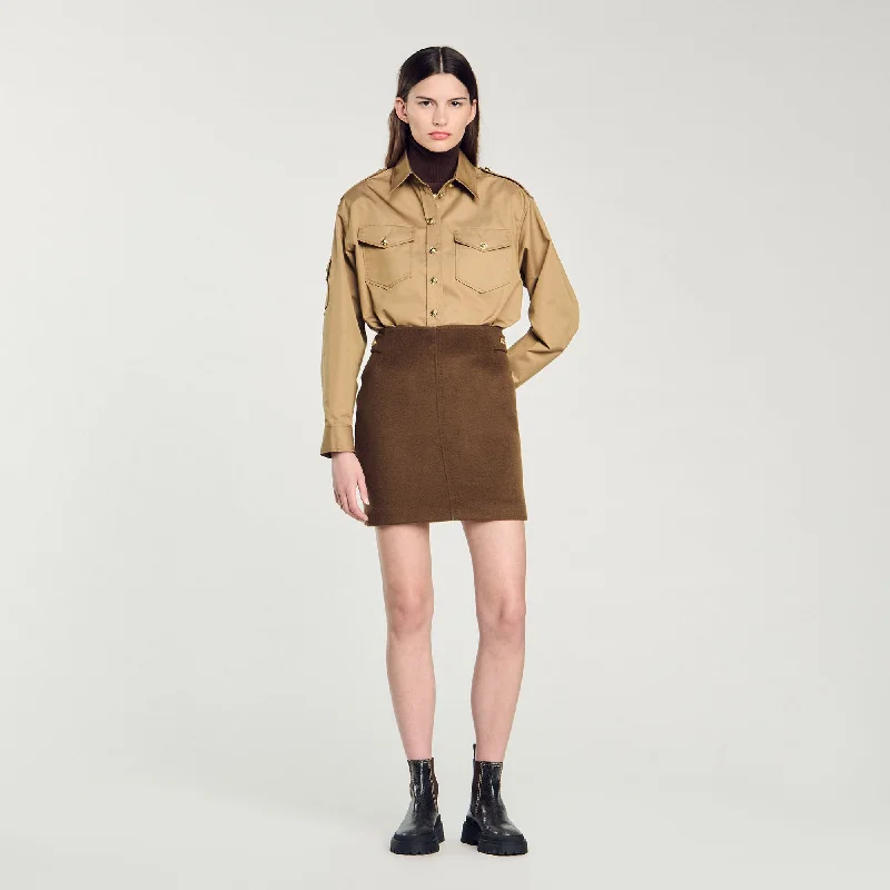 Sandro Parvati Double-Faced Short Wool Skirt Olive Green