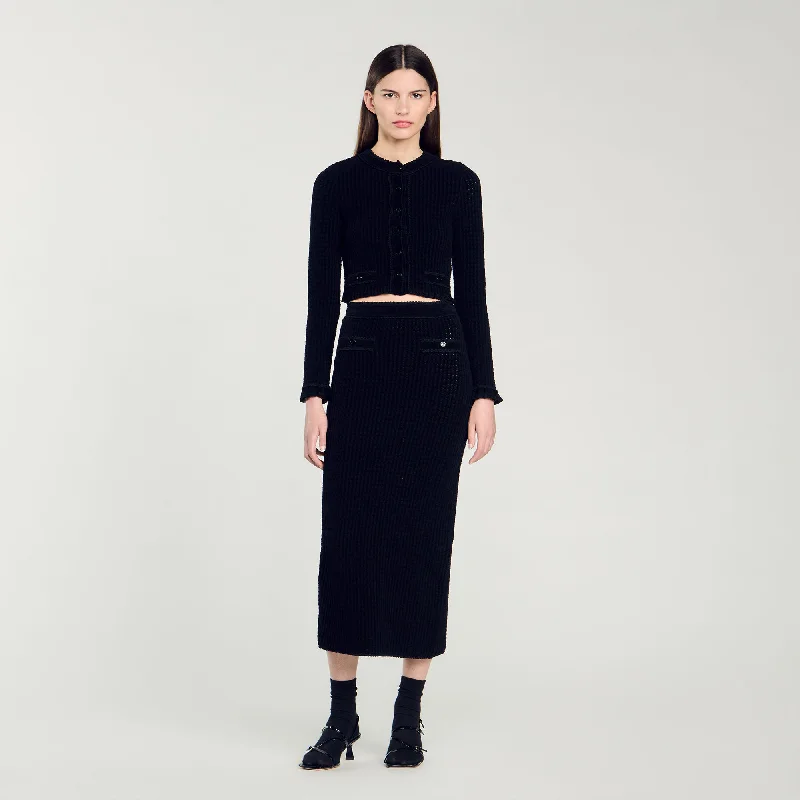 Sandro Leandra Velvet Knit Midi Skirt Black