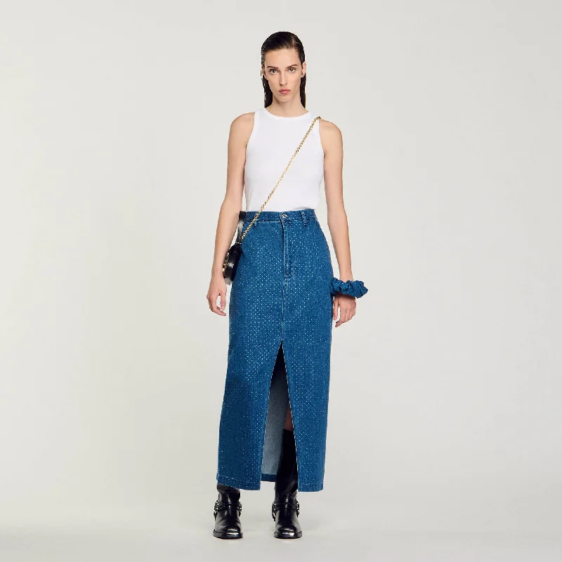 Sandro Moonrise Rhinestone Denim Maxi Skirt Blue Jean