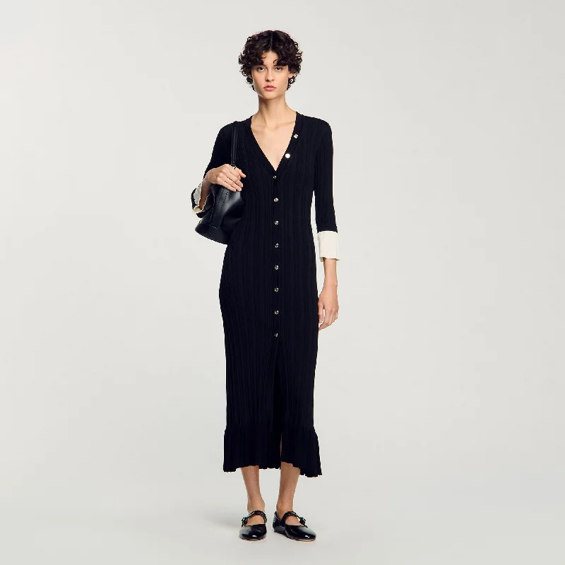 Sandro Nara Two-Tone Knit Maxi Dress Black