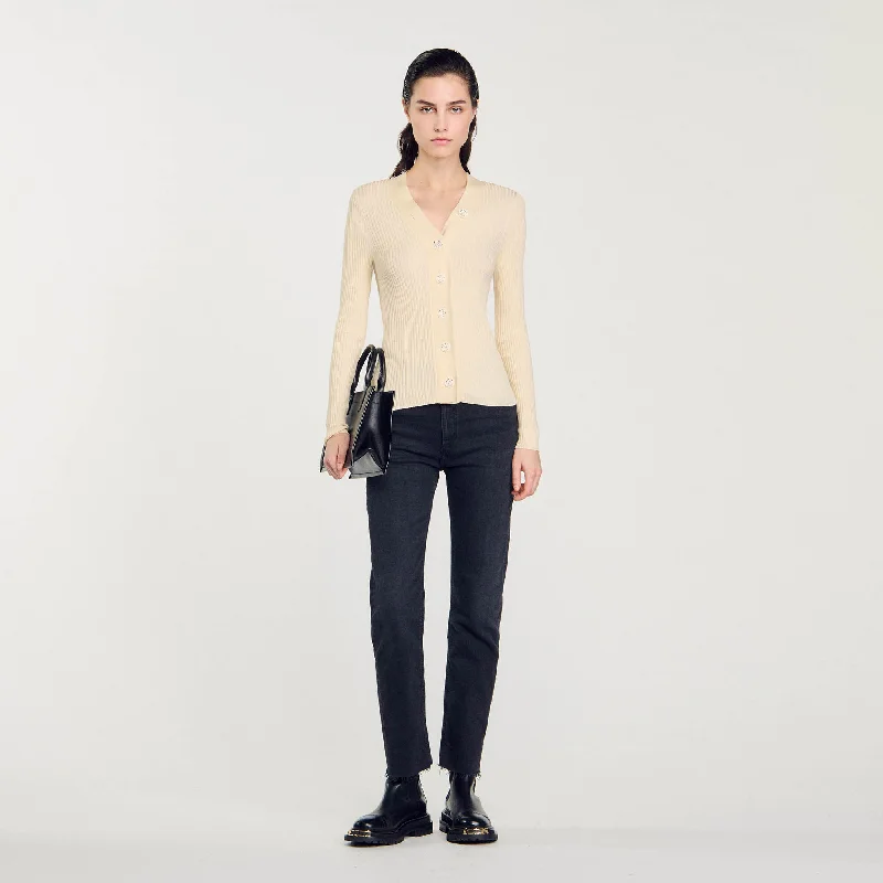 Sandro Gabrielle Fine Ribbed Knit Cardigan Ecru