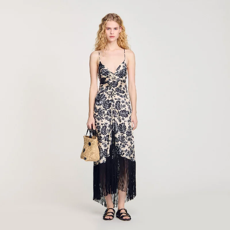 Sandro Perla Floral Print Maxi Dress Ecru / Black