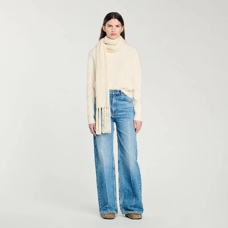 Sandro Malice Knitted Jumper With Scarf Collar Ecru