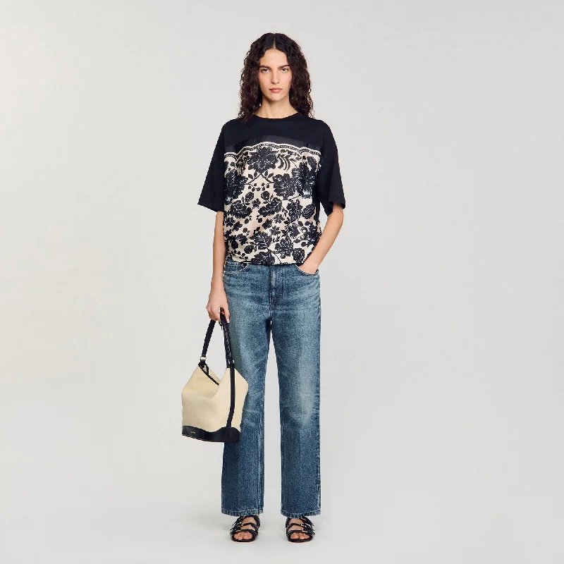 Sandro Perry Floral Motif T-Shirt Ecru / Black