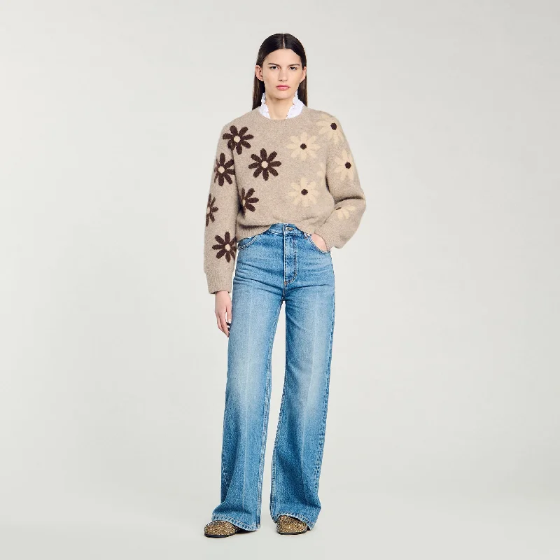 Sandro Maguy Floral Knit Sweater Beige