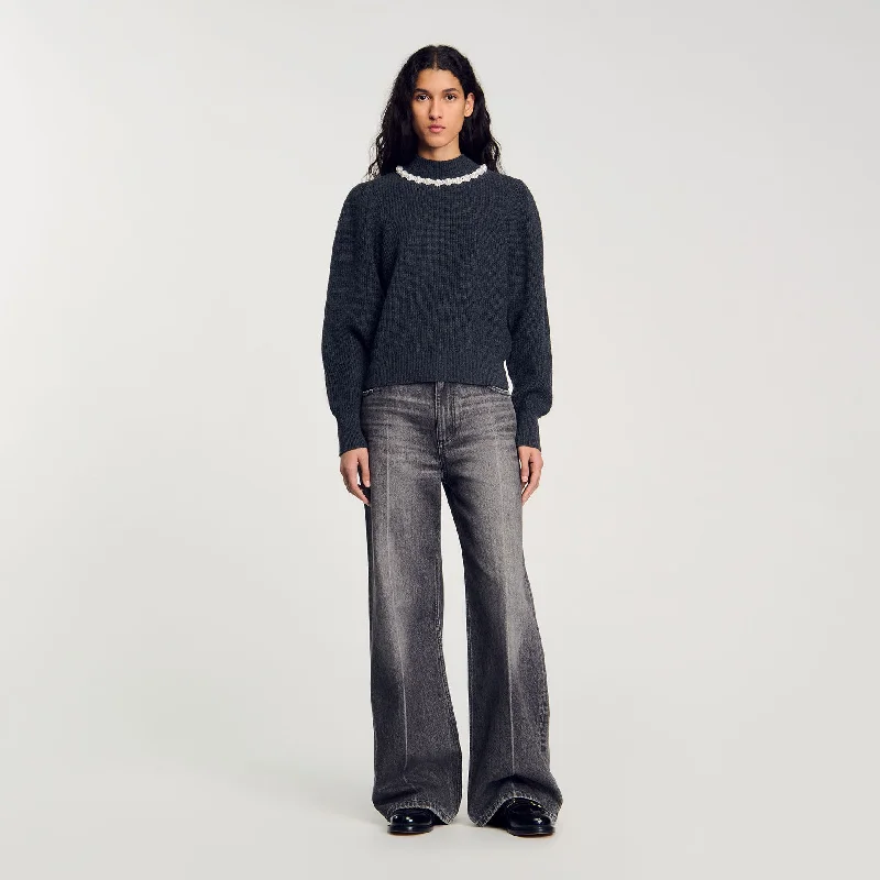 Sandro Lisa Ribbed Wool And Cashmere Jumper Dark Grey