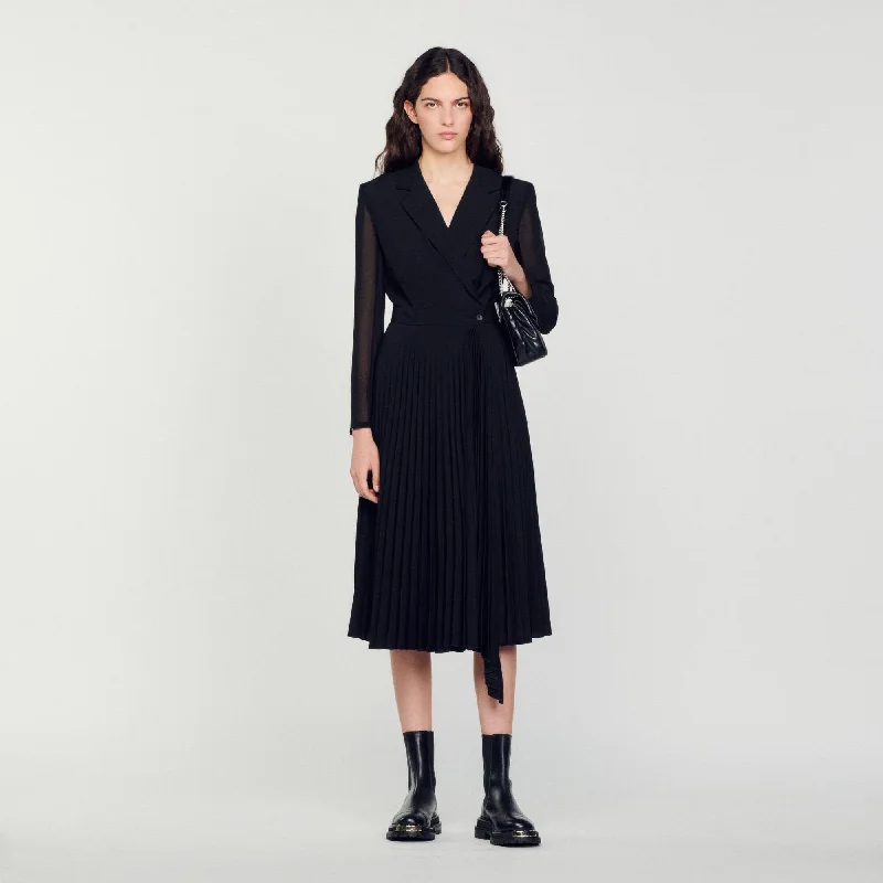 Sandro House Dual-Material Long-Sleeved Dress Black