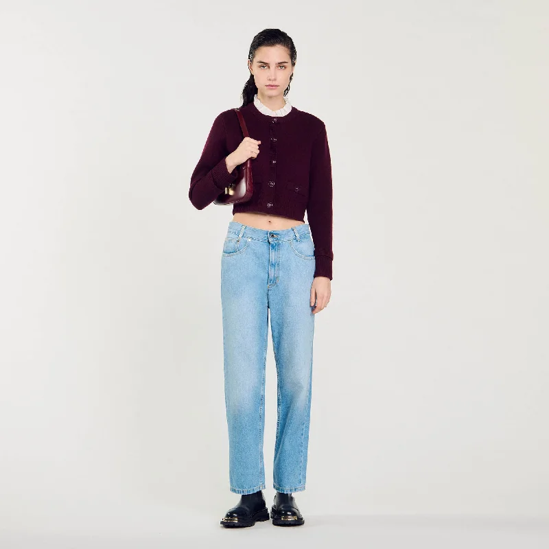 Sandro Mini Meunier Knit Cardigan With Ruffled Collar Bordeaux