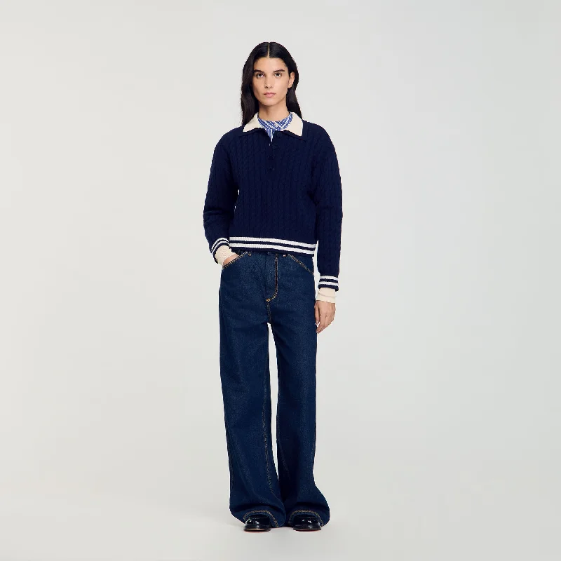 Sandro Fred Cable Knit Jumper Navy Blue