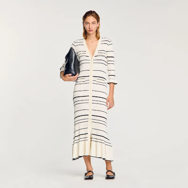 Sandro Sophia Stripy Knit Maxi Dress Ecru