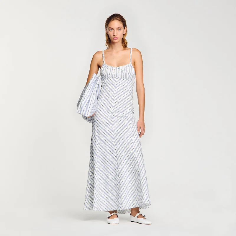 Sandro Carinia Stripy Maxi Dress With Straps Blue / Ecru