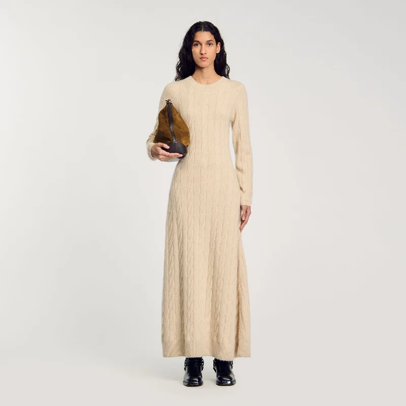 Sandro Maelys Cable Knit Maxi Dress Beige