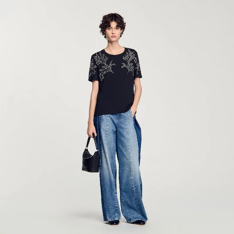 Sandro Corail T-Shirt With Embroidered Details Black