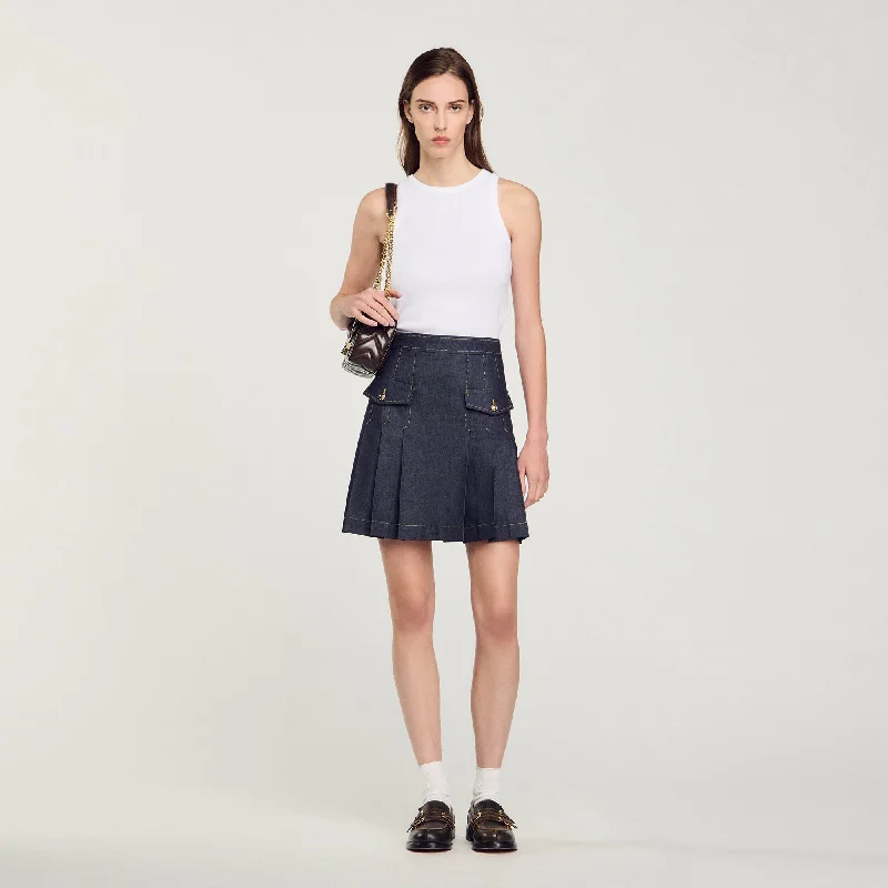 Sandro Officer Pleated Denim Skirt Deep Blu