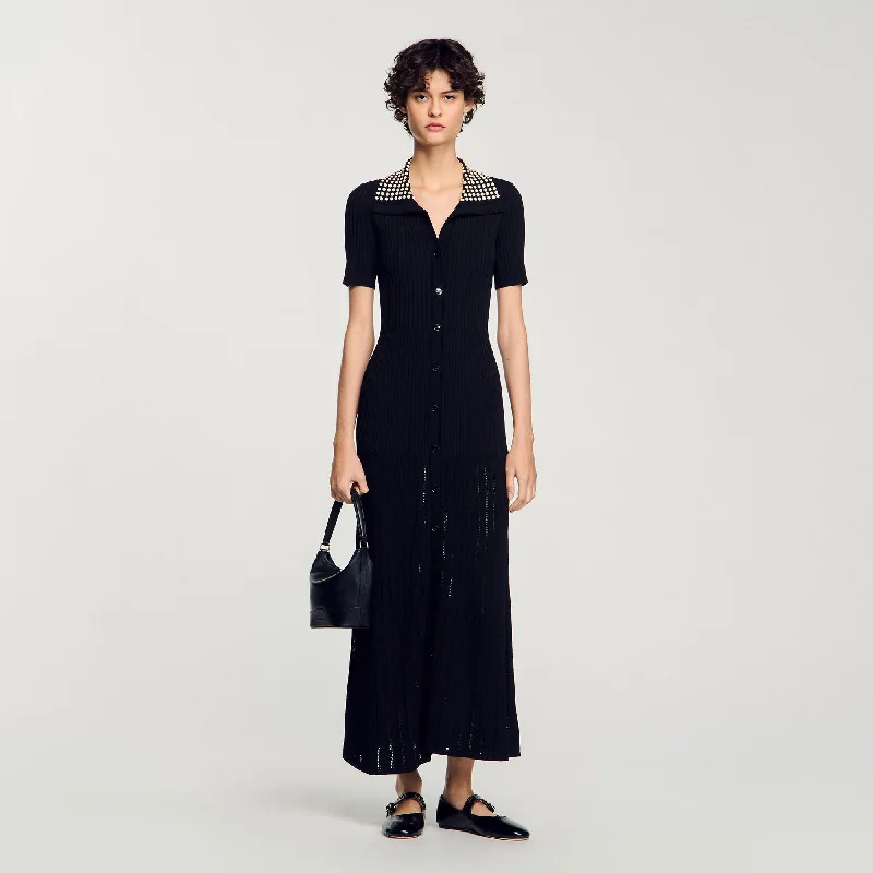 Sandro Elonie Knit Maxi Dress With Studs Black