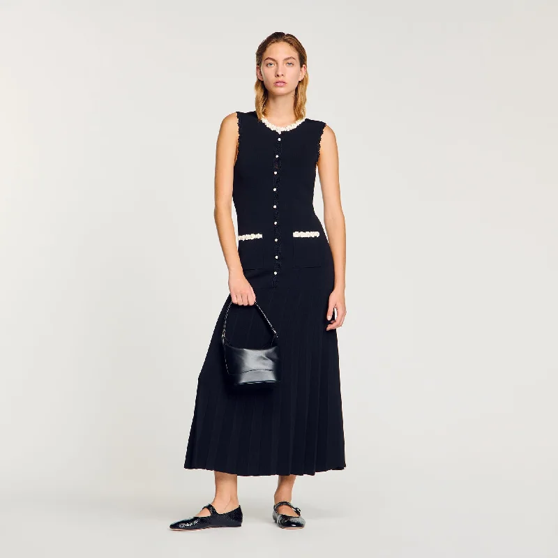 Sandro Blossom Long Dress With Crochet Detailing Black