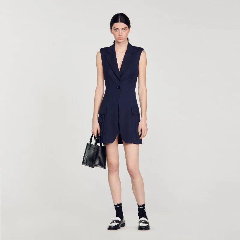 Sandro Carine Short Pleated Suit Dress Deep Blu