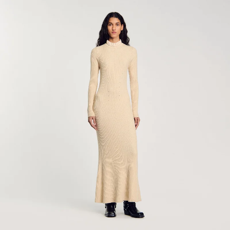 Sandro Elorine Knit Maxi Dress Beige