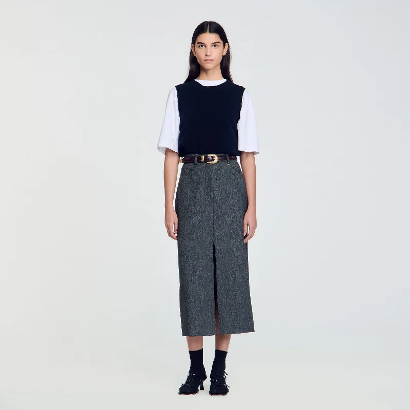 Sandro Fiona Long Slit Skirt Grey