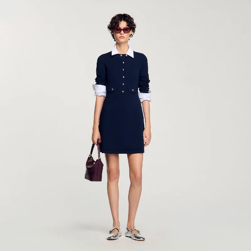 Sandro Bertille Short Button-Up Knit Dress Navy Blue