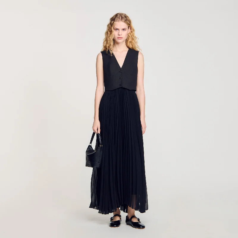 Sandro Montaigne Pleated Maxi Dress Black