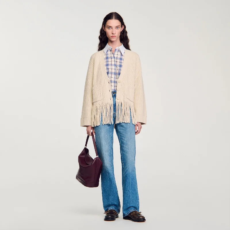 Sandro Zoe Fringed Knit Cardigan Ecru