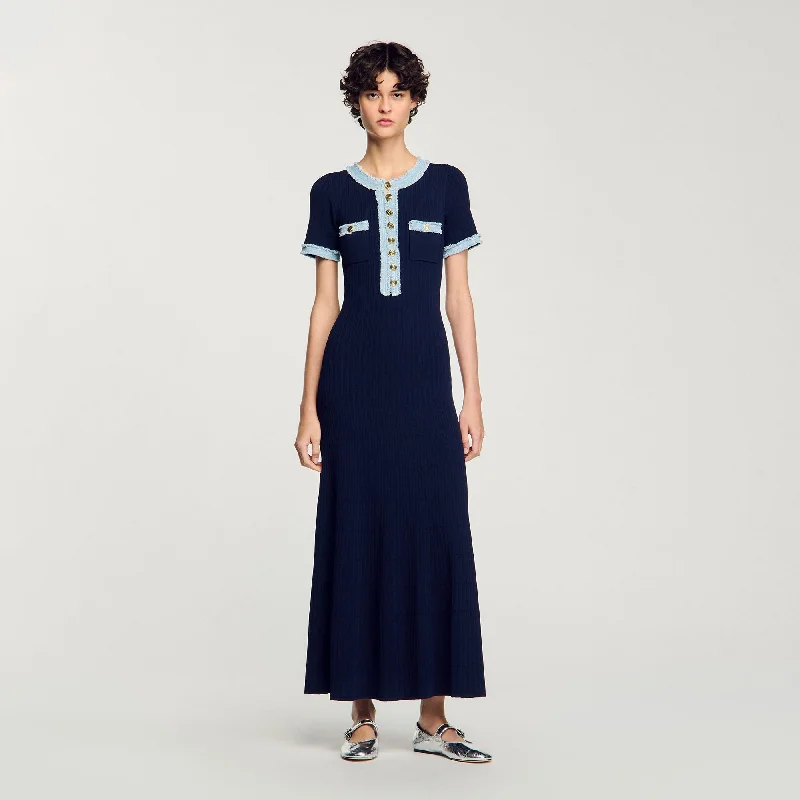 Sandro Alecia Knit And Denim Midi Dress Navy Blue