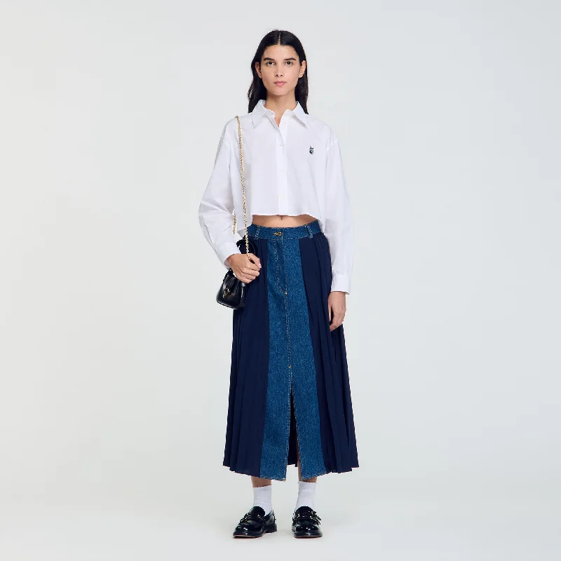 Sandro Julia Dual-Material Denim Pleated Skirt Navy Blue