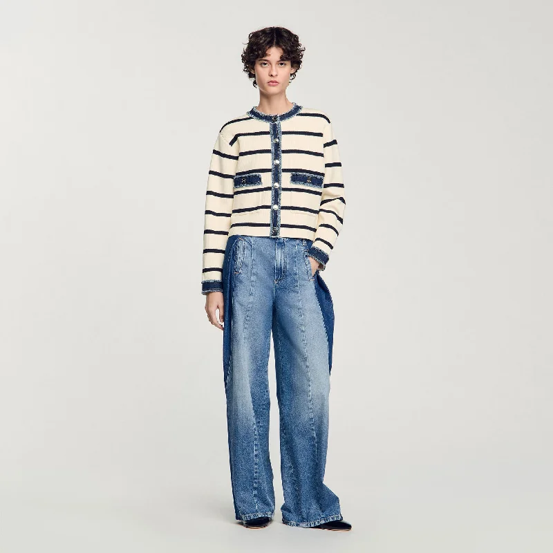 Sandro Letouquet Stripy Cardigan With Denim Details Ecru