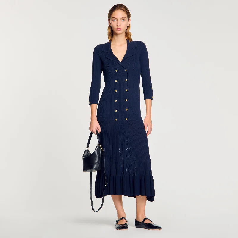 Sandro Olympe Knit Maxi Dress Navy Blue