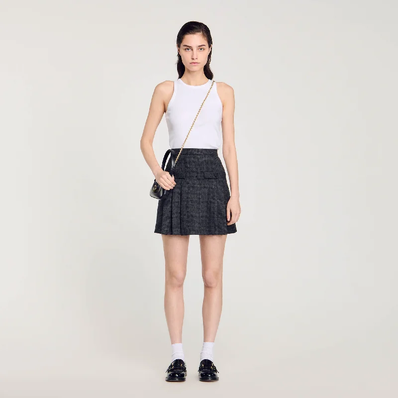 Sandro Felicite Short Checked Pleated Skirt Dark Grey