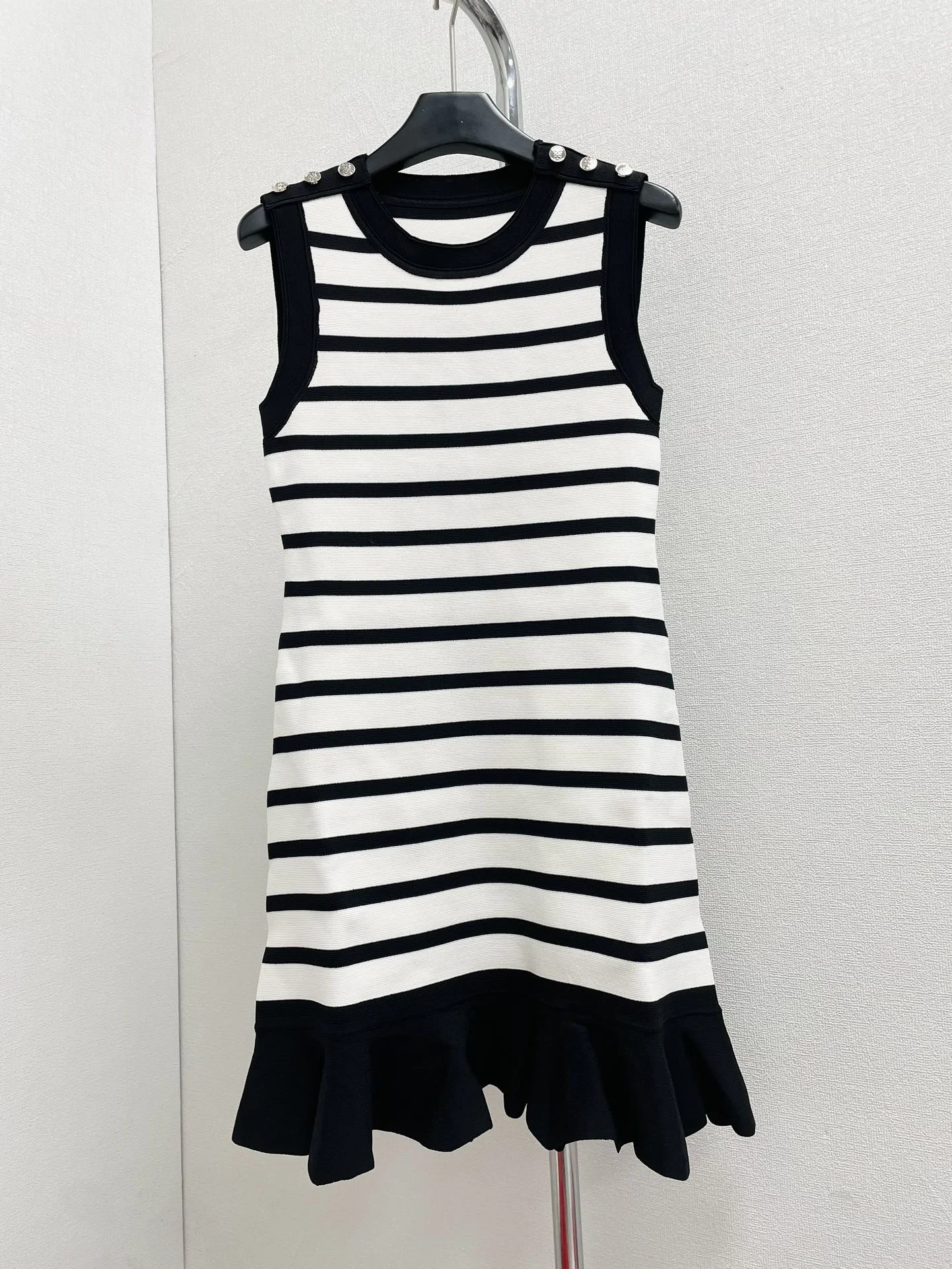 Sandro 2024 Striped Sleeveless Dress with Shoulder Button & Flared Hem