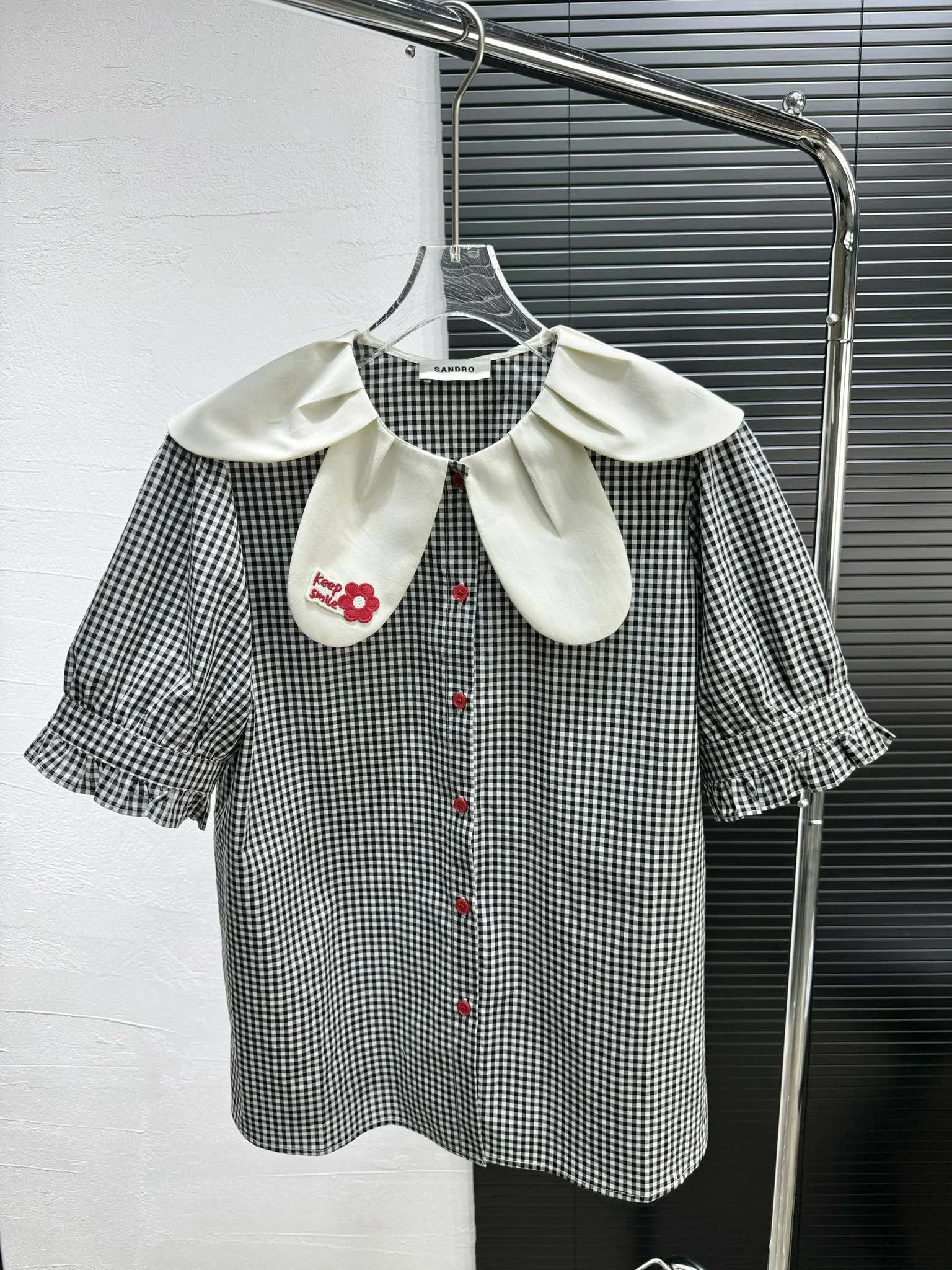 Sandro 2025 Spring/Summer Gingham Blouse with Oversized Floral Collar